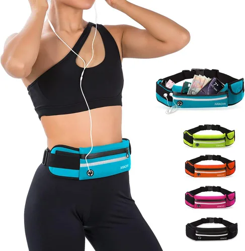 Vista 13 de Jueachy Cinturones de correr para mujeres, riñonera impermeable, bolsa de cintura para correr, soporte para teléfono, cinturón de dinero ajustable