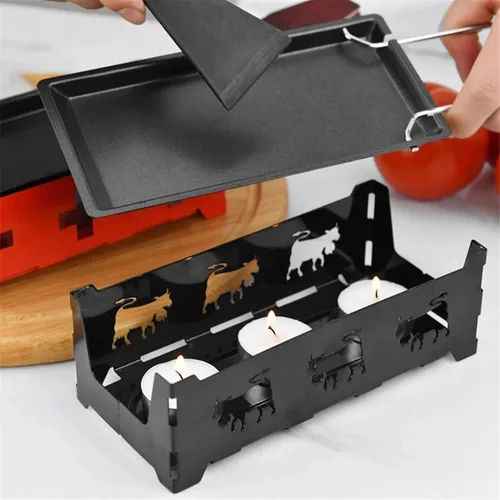 Vista 8 de Mini parrilla de raclette de queso, herramienta antiadherente con mango para placa suiza, rectangular, hierro caoba, parrillas de raclette negras