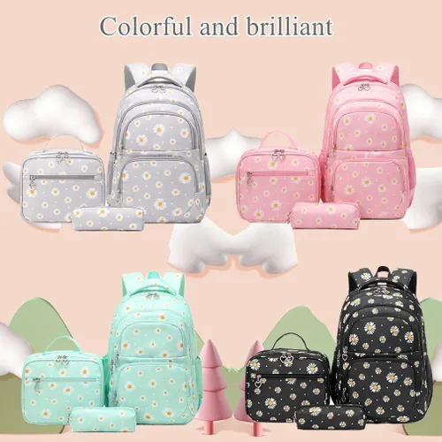 Vista 6 de Mochila con estampado de margaritas para niñas de secundaria y primaria, juego de mochila con lonchera (negro)