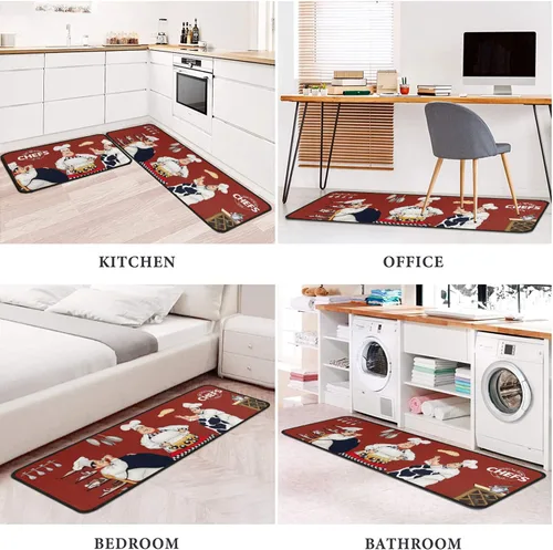 Vista 6 de Fat Chef - Juego de 2 alfombras y tapetes de cocina, alfombras rojas para decoración de cocina, tapetes con respaldo de goma antideslizante