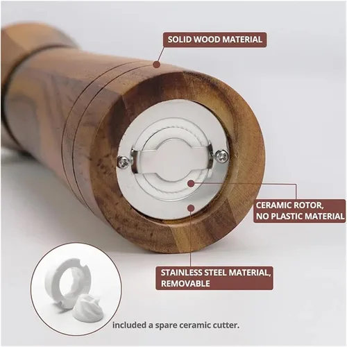Vista 5 de Steel Ring Pepper Grinder,Manual Acacia Wood Mill,Multi Use Seasoning Bottle,Ceramic Core,BBQ Tool Shaker Sets (10in Set With Base)