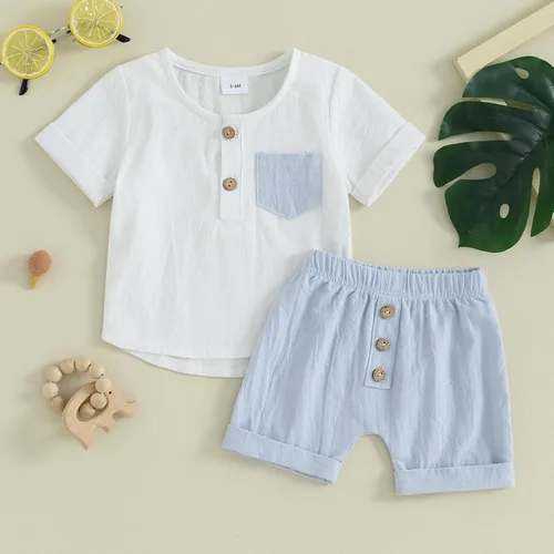 Vista 86 de Conjunto de ropa casual de manga corta con botones y pantalones cortos de lino para bebés y niños pequeños