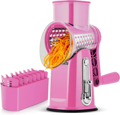 Vista 13 de SUSTEAS Rallador de queso rotativo con mango - Triturador de verduras con 5 cuchillas bien diseñadas y base de succión fuerte, rebanador