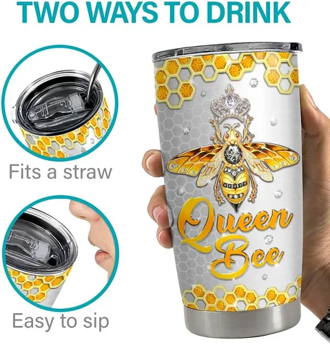 Vista 7 de SANDJEST Vaso Térmico de Abeja 20oz con Dibujos de Joyería, Vasos Térmicos Aislados de Acero Inoxidable, Regalos para Mujeres y Niñas, Taza de Café