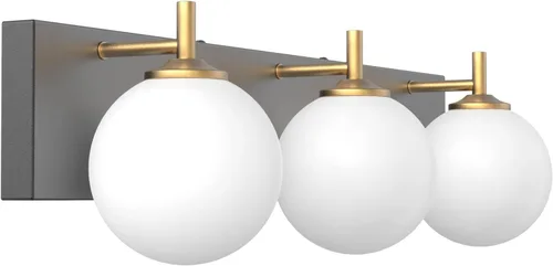 Vista 2 de Aipsun Lámpara de tocador de baño moderna de mediados de siglo, 3 luces, pantallas de vidrio blanco lechoso, lámpara de baño negro/dorado