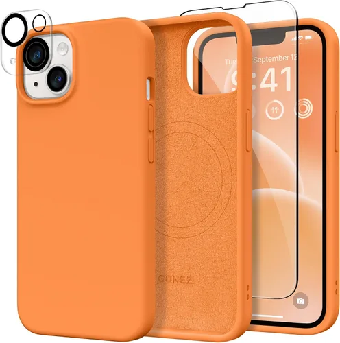 Vista 275 de GONEZ Funda magnética para iPhone 14, compatible con Magsafe, con protector de pantalla + protector de cámara, forro de microfibra antiarañazos