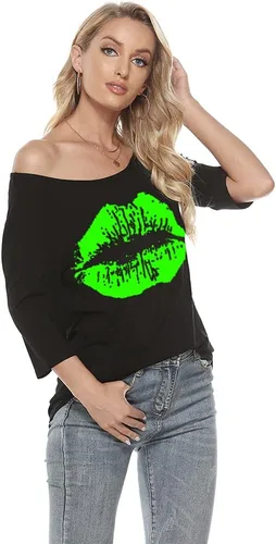 Vista 3 de MAGICMK Camiseta casual de talla grande con estampado de labios y hombros descubiertos para mujer