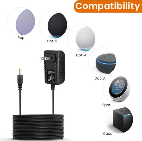 Vista 4 de Adaptador de corriente de repuesto de 15 W para Echo Pop, Dot 5ª generación, Dot 4ª generación, Dot 3ª generación, edición para niños, altavoces