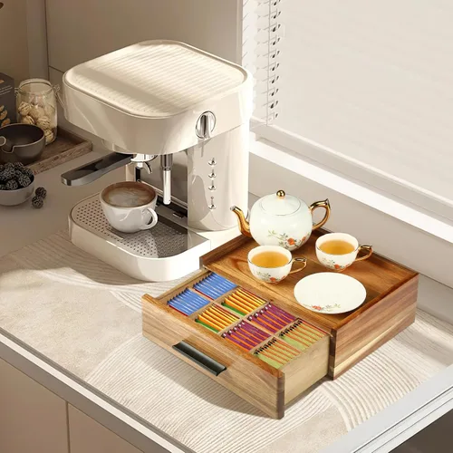 Vista 6 de Organizador de bolsas de té de madera de acacia con cajón, caja