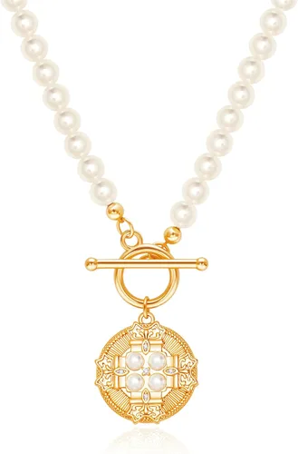 Vista 21 de Aobei Pearl Collar chapado en oro de 18 quilates con dije de cruz de corazón, corazón, estrella, león, mal de ojo, amor, medallón, clip de papel