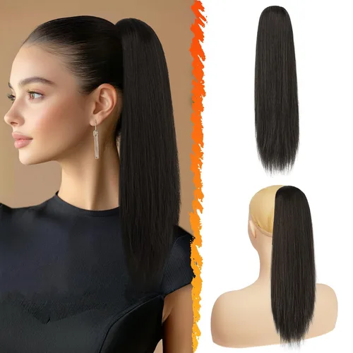 Vista 29 de Barsdar Extensión de cola de caballo marrón oscuro - Extensiones de cola de caballo cortas y rectas de 14 pulgadas con cordón para mujeres