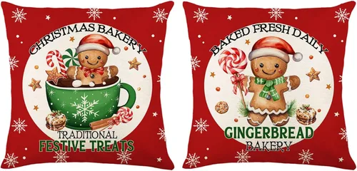 Vista 4 de TyCan Juego de 2 fundas de almohada decorativas de Navidad, diseño de casa de jengibre y niña de jengibre para dormitorio de niños, sala de estar