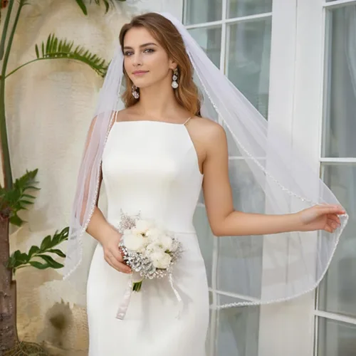 Vista 4 de Velo de novia de novia de 1 nivel de longitud de los dedos perlas de cristal con borde de cuentas de tul para velos de novia con peine.., Marfil
