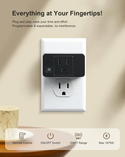 Vista 2 de Remote Control Outlet with All On/Off Switch, 200FT Range, Black 200FT Wireless Range, Mini Plug, 15A/1875W, Remote Switch for