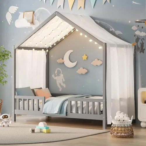Vista 29 de Cama de casa con tienda y estantería, 2 cajones, carga USB Espresso-tt