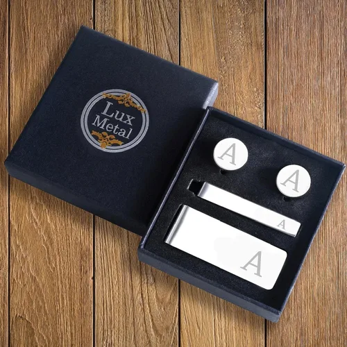 Vista 2 de BodyJ4You 4PC Cufflinks, Tie Bar, Money Clip - Initial A-Z Engraving Alphabet Letter - Mirror Polished Steel Men Jewelry - Cuff Links Shirt Tie Suit