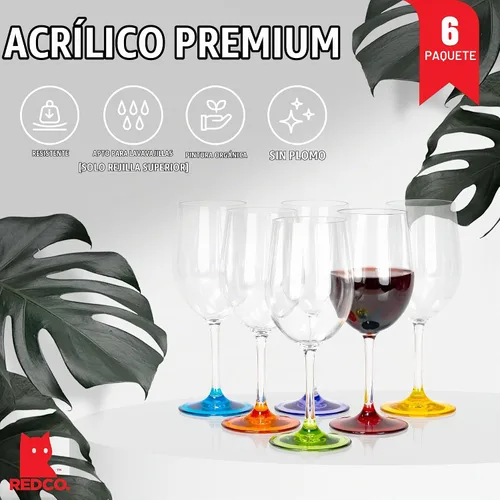 Vista 2 de Red Co. Juego de 6 copas de vino clásicas de acrílico transparente de 12 onzas líquidas para exteriores con bases multicolores