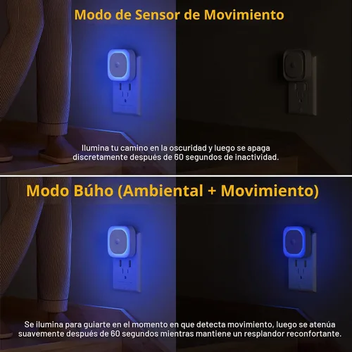 Vista 3 de YUNLEX Paquete de 2 luces nocturnas enchufables con sensor de movimiento y sensor de atardecer a amanecer, 3 modos de sensor, luces nocturnas azules