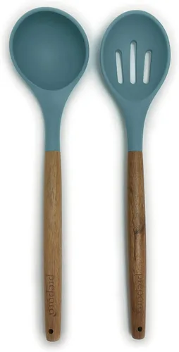 Vista 11 de Prepara Juego de 2 cucharones de sopa y cuchara ranurada de acacia y silicona, color verde espuma de mar