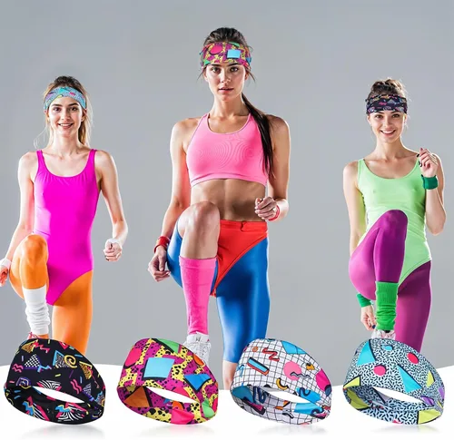 Vista 7 de Paquete de 4 diademas vintage de neón de los años 80 y 90, bandas deportivas retro suaves de los años 90, accesorios de atuendo para mujeres