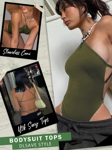 Vista 4 de Dlsave Strappy Bodysuit for Women, Halter Lace Bodysuit Sleveless Cami Tops