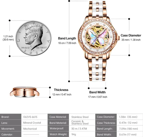 Vista 6 de OLEVS Reloj automático para mujer, reloj de cerámica de acero inoxidable Mariposa / Colorido