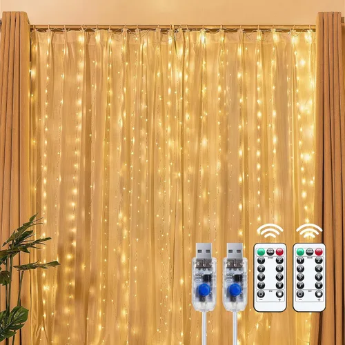 Vista 9 de Brightown 300 luces LED de cortina de hadas, 9.8 pies x 9.8 pies, enchufe USB, 8 modos de iluminación, tira de luces LED de Navidad colgantes