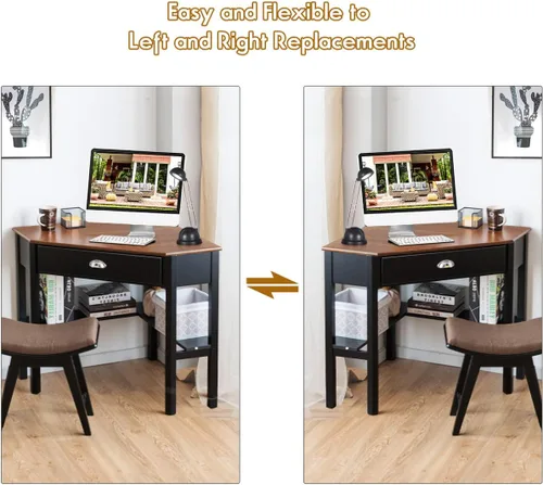 Vista 7 de Tangkula Escritorio esquinero, escritorio de esquina para computadora con cajón para espacio pequeño, escritorio de tocador de maquillaje de esquina