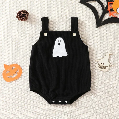 Vista 2 de Disfraz de Halloween para bebé niña y niño, disfraz de calabaza, mameluco de punto, sin mangas, overol de otoño