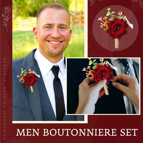 Vista 4 de Sherr Juego de 24 boutonniere burdeos para hombre, diseño de rosa para boda, bolsillo con alfileres, para novio, padrinos de boda, ramillete, traje