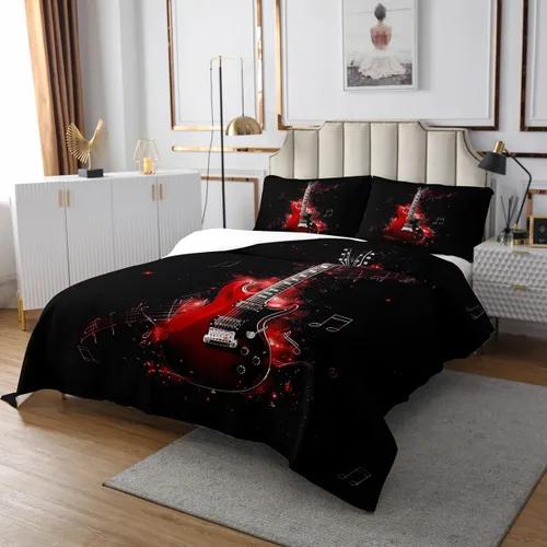Vista 3 de Homewish Colcha de guitarra roja tamaño individual, juego de ropa de cama de música Hip Pop para decoración de habitación de niños y niñas, juego