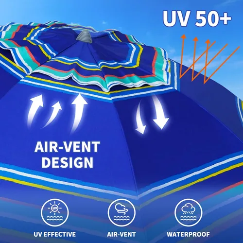 Vista 3 de AMMSUN Sombrillas de playa de 7 pies de alta resistencia para vientos fuertes con ancla de arena, ventilación inclinable, protección UV 50+ contra