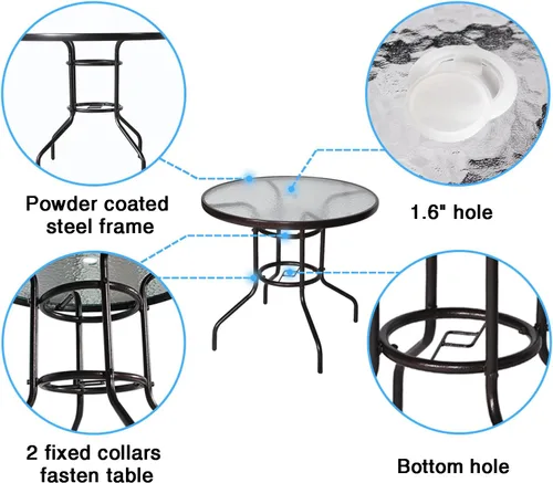Vista 5 de Cloud Mountain mesa de cena con tabla de vidrio templado y soporte para sombrilla de patio, mesa de jardín para mueble de plataforma de exteriores