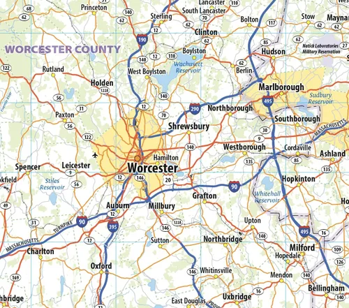 Vista 3 de Mapa de pared laminado de Massachusetts (36 pulgadas de ancho x 23 pulgadas de alto)