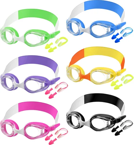 Vista 11 de Macarrie 6 gafas de natación para niños, sin fugas, antiniebla, para niños y niñas, con clip para la nariz, tapones para los oídos, de 3 a 14 años
