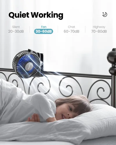 Vista 5 de Gaiatop Ventilador portátil con clip, funciona con pilas, pequeño y potente de 3 velocidades, silencioso de rotación de 360°, mini ventilador