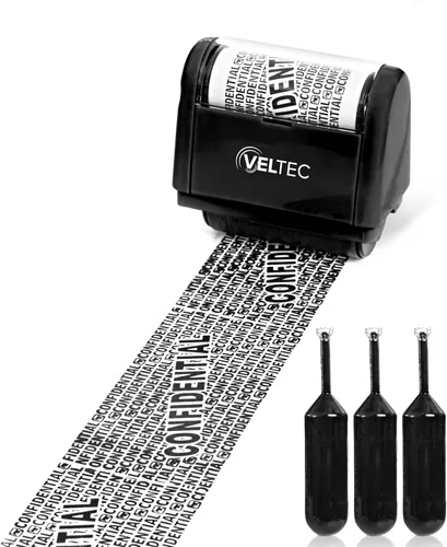 Vista 3 de Veltec Rodillo de tinta protector de identificación - Juego de sellos de rodillo de protección contra robo de identidad (negro, sello + 3 recambios)