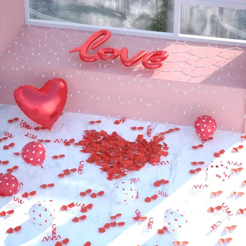 Vista 8 de Kit de globos para el día de San Valentín, globos con texto en inglés "I Love You", globos de corazón blanco y rojo, pétalos de rosa para el día
