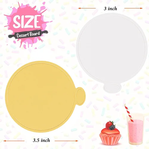 Vista 2 de 100 piezas de 3.1 pulgadas de mini tableros para pastel y mousse, base para cupcakes dorada de 8 cm