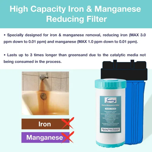 Vista 6 de iSpring WGB21BM Sistema de filtración de agua de 2 etapas para toda la casa, filtros reductores de manganeso de 10 x 4.5 pulgadas, puertos de 1