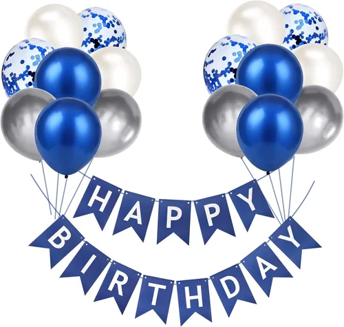 Vista 9 de Cartel de feliz cumpleaños, banderines, globos de fiesta azul bebé, confeti, globos de látex, pancartas de fiesta para niños y niñas, decoraciones