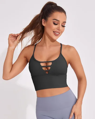 Vista 5 de AngiMelo Longline - Brasier deportivo para mujer, camisola para entrenamiento, yoga, camiseta corta con tirantes acolchados, camisetas sin mangas