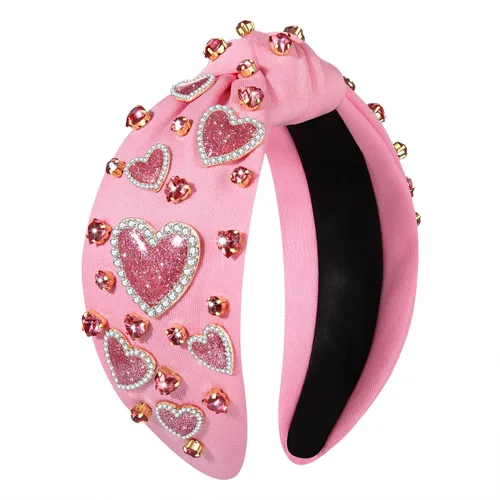 Vista 8 de MOLOCH Diadema de corazón rosa para mujer con diamantes de imitación, diadema de corazón con nudo de cristal, banda ancha de terciopelo a la moda