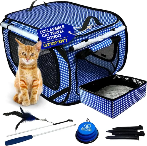 Vista 9 de Pet Fit For Life Transportador de gatos extra grande para viajes, plegable y portátil, plegable, con caja de arena, juguete de plumas y cuenco