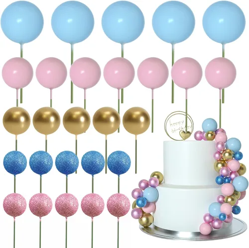 Vista 11 de ASTARON 50 piezas de palos para adornos de pastel con bolas, globos mini para suministros de decoración, bolas de espuma para pasteles para baby