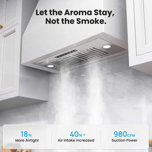 Vista 2 de VIKIO HOME Campana Extractora Empotrable de 30 Pulgadas, 980 CFM Campana de Ventilación de Cocina Integrada, Convertible con Conductos/Sin