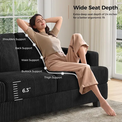 Vista 3 de COPIAE - Sofá con asiento profundo de 89 pulgadas, sofá de pana de 3 plazas Negro