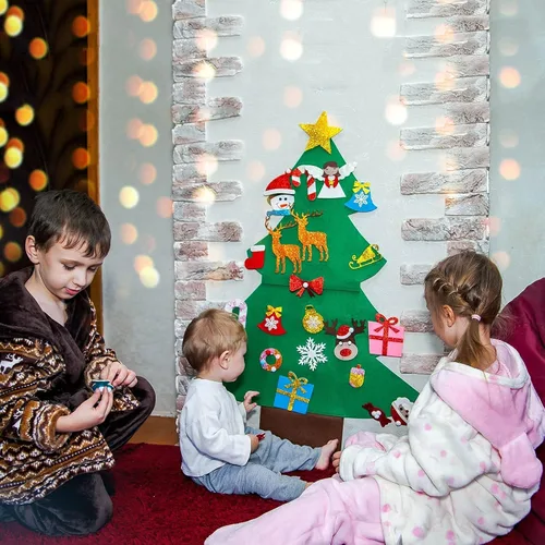 Vista 4 de OurWarm Árbol de Navidad de fieltro para niños, decoraciones de Navidad de 3 pies para niños pequeños con 30 adornos de purpurina, árbol de Navidad