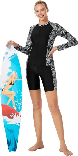 Vista 5 de JACK SMITH Traje de baño de tres piezas con protección contra sarpullido de manga larga para mujer, con cremallera frontal, traje de baño tipo