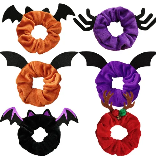 Vista 6 de Coleteros de terciopelo para el cabello de Halloween, bandas amarillas para el cabello, accesorios para el cabello a cuadros, coleteros a cuadros 4
